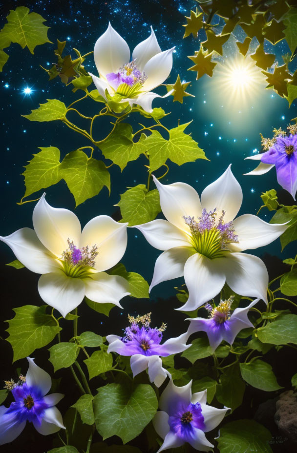 Vibrant white flowers under starry night sky