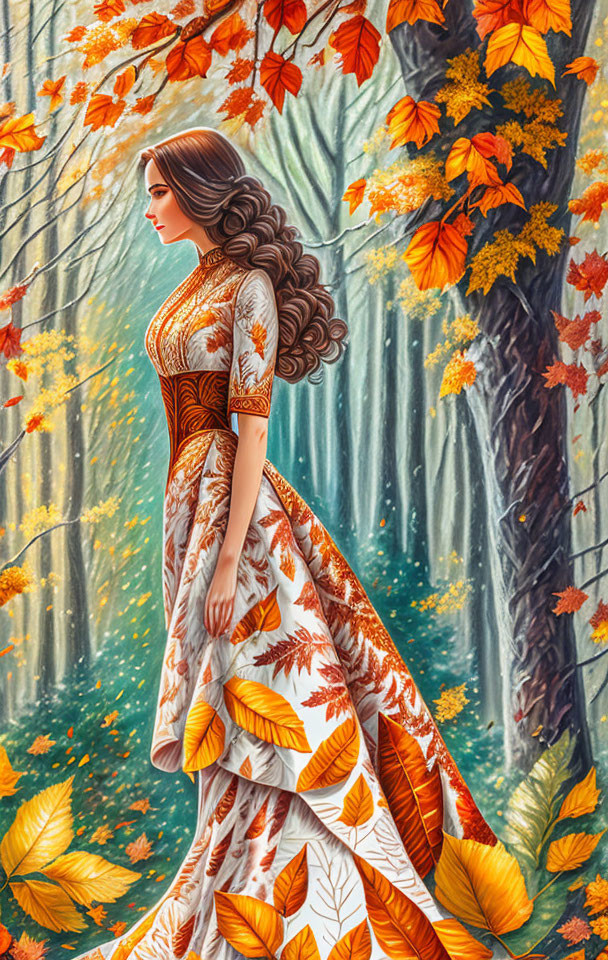 Woman in autumnal dress surrounded by colorful leaves in forest