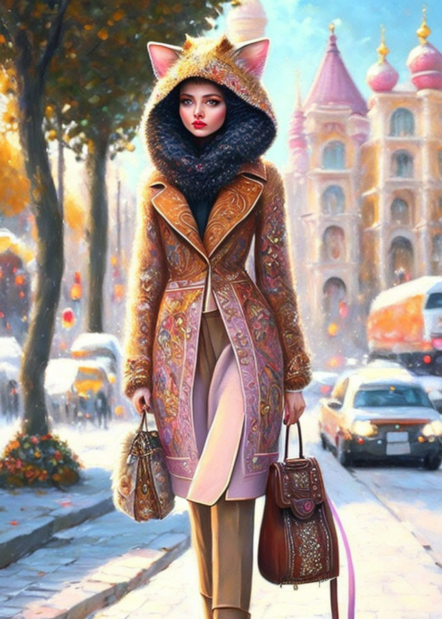 Woman in fox-eared coat with bags walks by autumn trees and pink castle