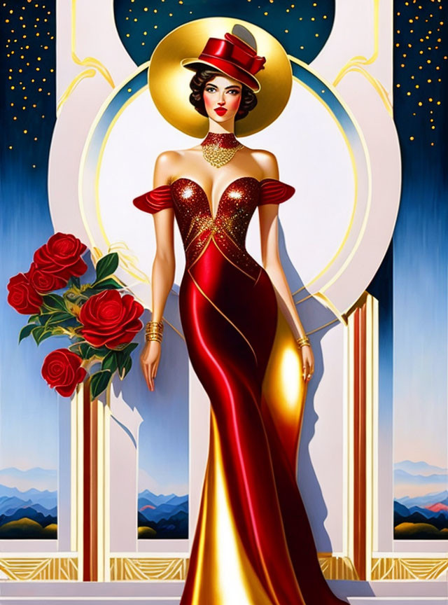 Elegant woman in red and gold gown with halo and roses on art deco background