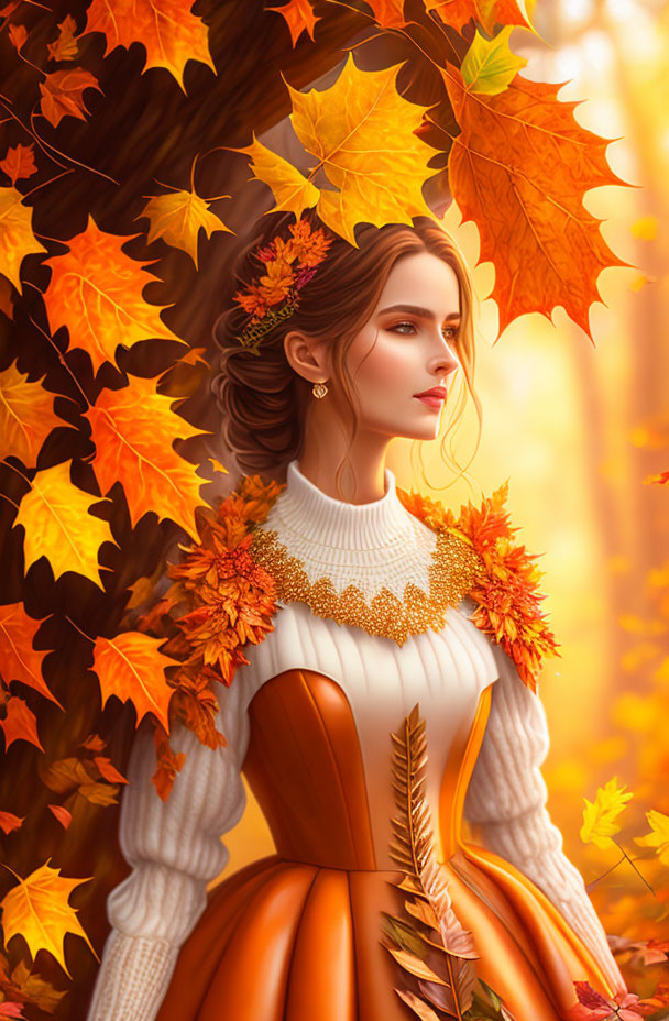 Illustrated Woman in Orange Dress with Autumn Leaves