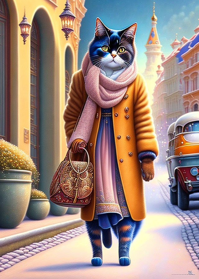 Anthropomorphic cat in stylish coat and scarf walking down vintage street