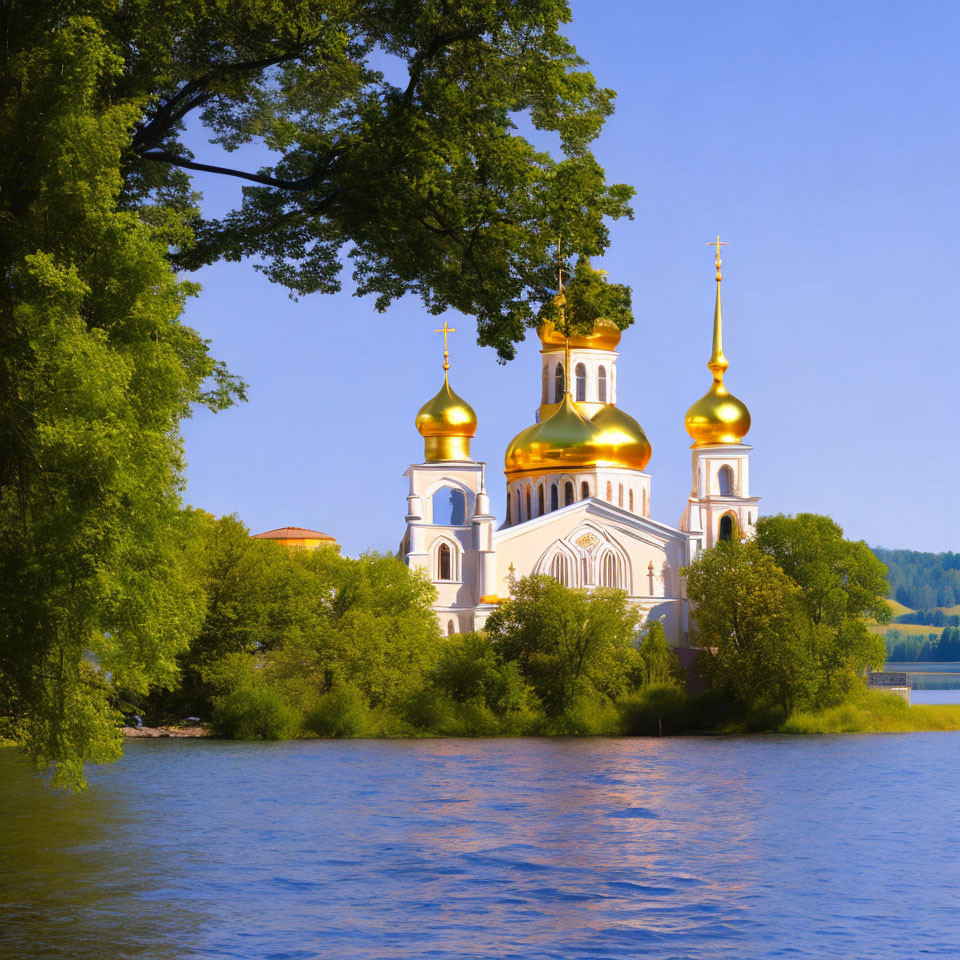 White Church with Golden Domes by Serene Lakeside