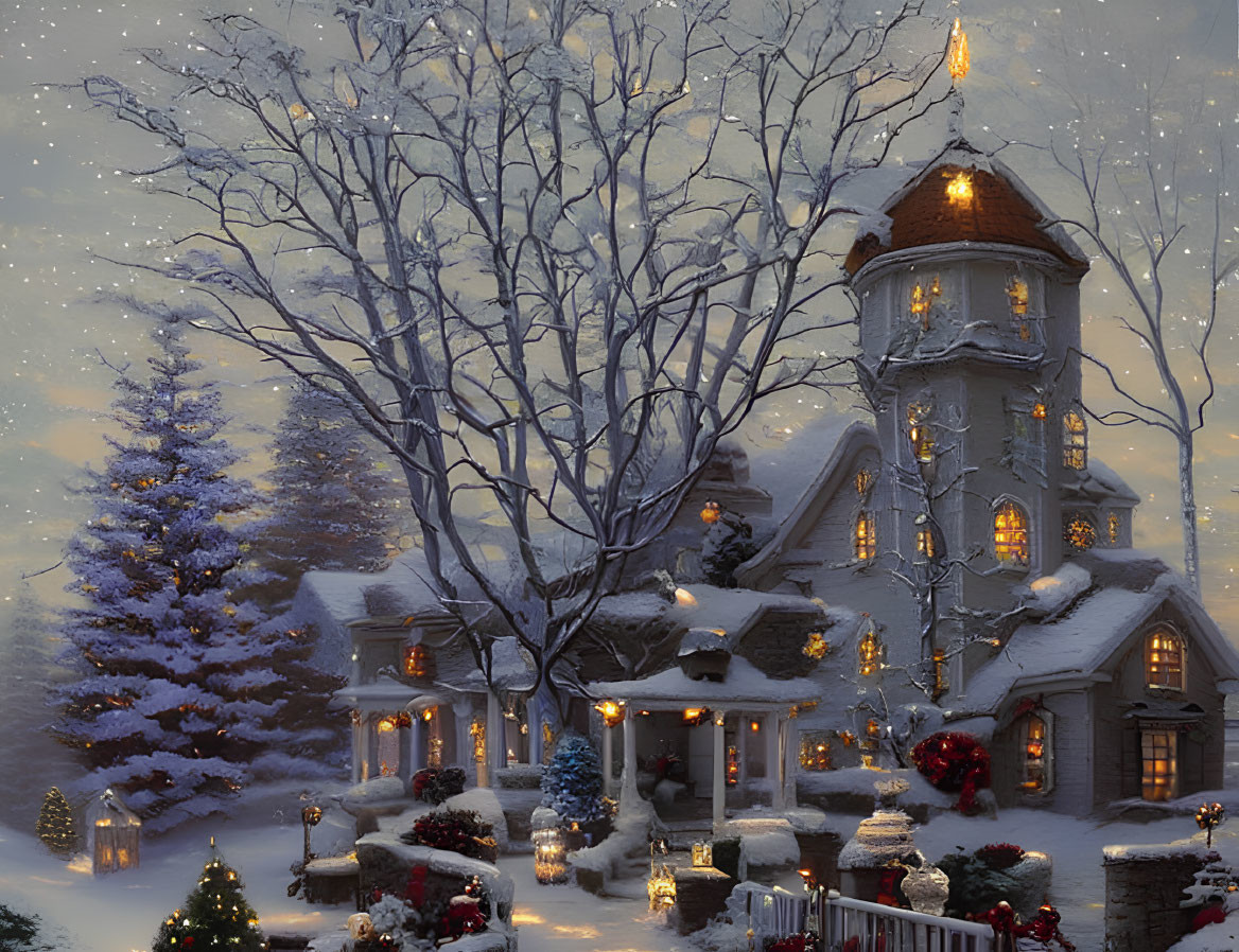 Snowy Evening: Cozy House with Christmas Decorations