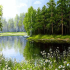 Tranquil lake scene with lush trees and flat rock shore