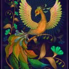 Detailed Peacock Illustration with Vibrant Feathers and Golden Floral Motifs