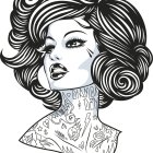 Monochromatic artistic illustration of a woman with flowing hair and bold makeup.