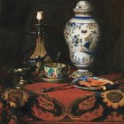 Colorful still life painting with blue vase, bronze pot, and gold bowl on red table