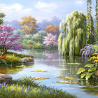 Tranquil landscape with pond, trees, cottages, mountains, flowers, and person