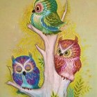 Colorful Stylized Owls Perched on Branches with Leafy Background