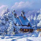 Winter landscape with blue castle, snow-covered trees, colorful flora, pink clouds.