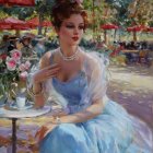 Vintage-dressed woman at cafe table with tea and cake in elegant outdoor setting