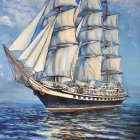 Tall ship with multiple sails on wavy seas under blue sky