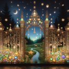 Ornate golden gate in fantasy scene with starry night sky, lush landscape, and distant mountains