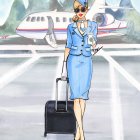 Vintage-style illustration of a female flight attendant in blue uniform with suitcase, by a retro passenger airplane.