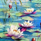 Tranquil water lily pond with pink and white flowers