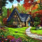 Whimsical cottage with thatched roof in autumnal forest