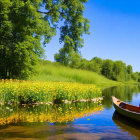 Canoe with person in hat on calm river surrounded by greenery and yellow flowers under blue sky
