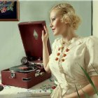 Vintage-style illustration of woman with retro hairstyle and headset listening to vinyl record on old-fashioned turntable