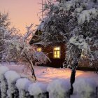 Snow-covered cottage at dusk with glowing windows, surrounded by snow-laden trees under pink and purple sky