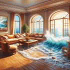 Surreal living room with classic furniture and ocean waves flowing indoors