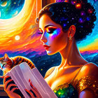 Colorful Woman and Cat Illustration by Window with Cosmic Background