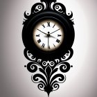 Black and Gold Ornate Clock with Purple Gems on Grey Background