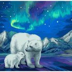 Polar Bear with Two Cubs on Icy Landscape under Night Sky with Aurora Borealis
