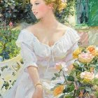 Woman in white dress and hat surrounded by flowers in serene park