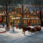Snow-covered night scene with Christmas house decorations and car.
