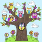 Vibrant illustration of whimsical owls on floral tree with butterflies
