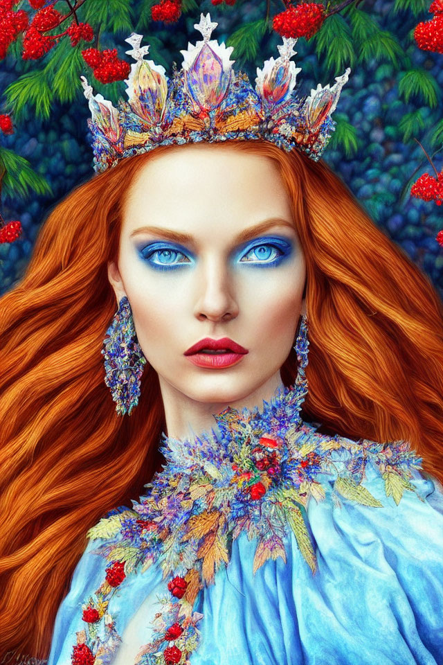 Vibrant red-haired woman with crystal crown in nature setting