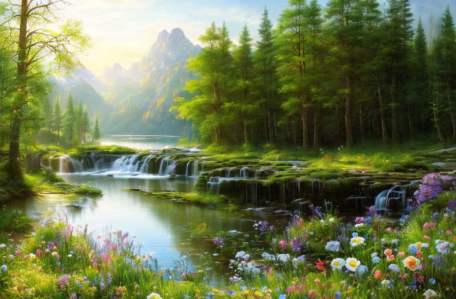 Tranquil landscape with waterfall, greenery, wildflowers, river, mountains