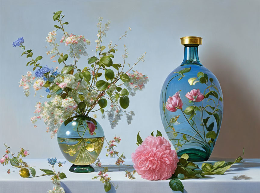 Assorted flowers bouquet with pink flower and blue-gold bottle on table