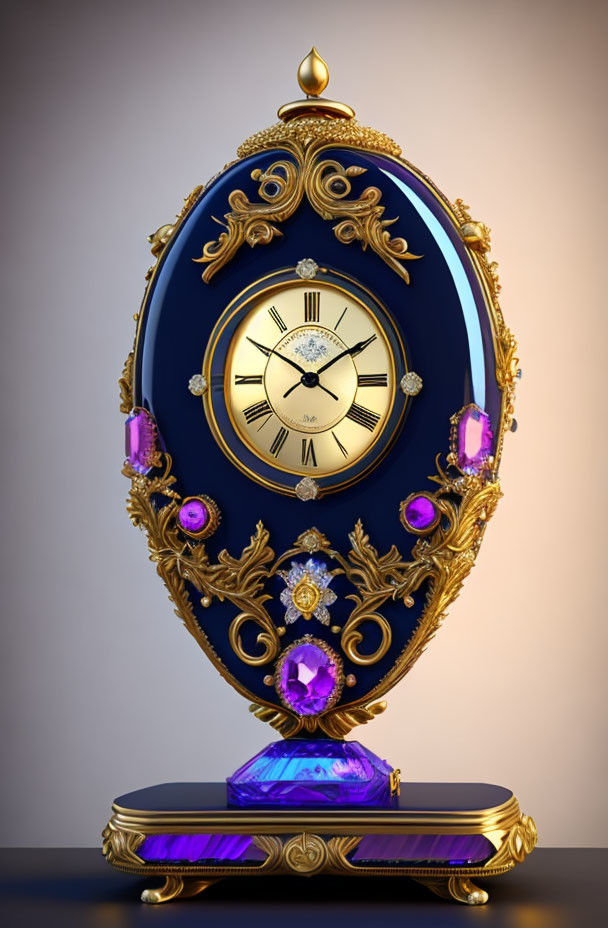 Vintage Clock with Golden Embellishments and Purple Gemstones on Blue Background