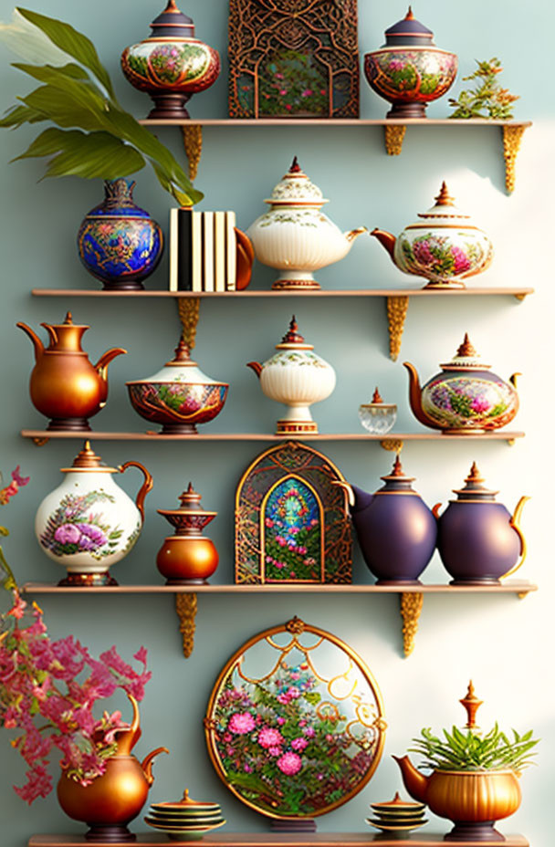 Assorted ornate vases and teapots on shelves against blue backdrop