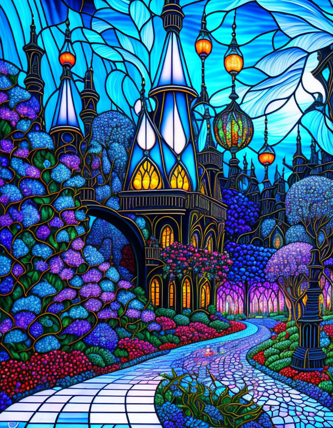 Fantastical pathway to ornate, colorful castle in whimsical garden