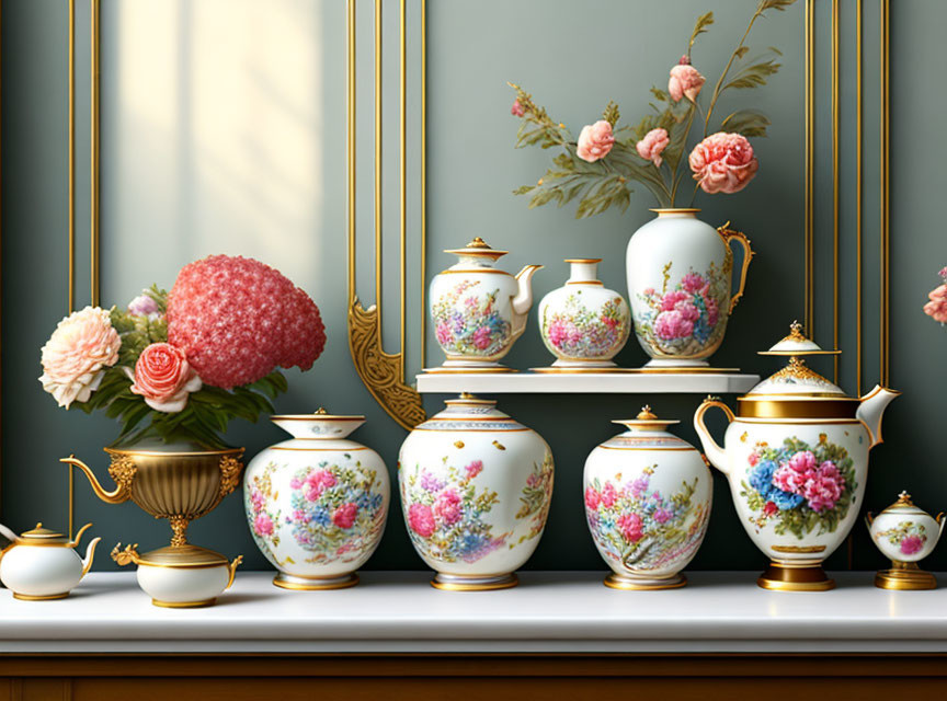 Ornate Floral Porcelain Tea Set Displayed in Classic Interior