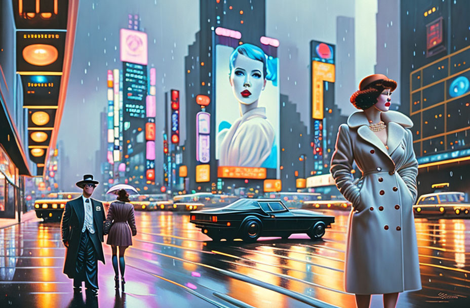 Retro-futuristic cityscape with neon signs, classic car, vintage clothing, rainy twilight