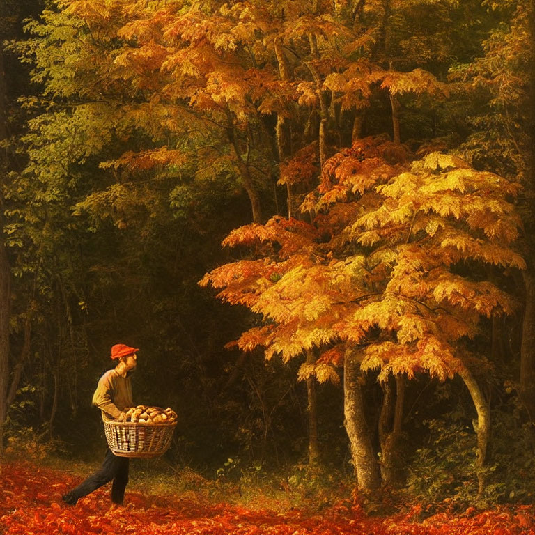 Person with red hat carrying pumpkins in vibrant autumn forest.