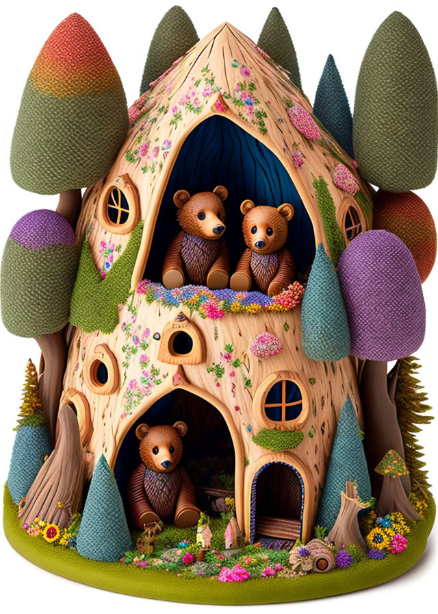 Whimsical treehouse scene with three teddy bears