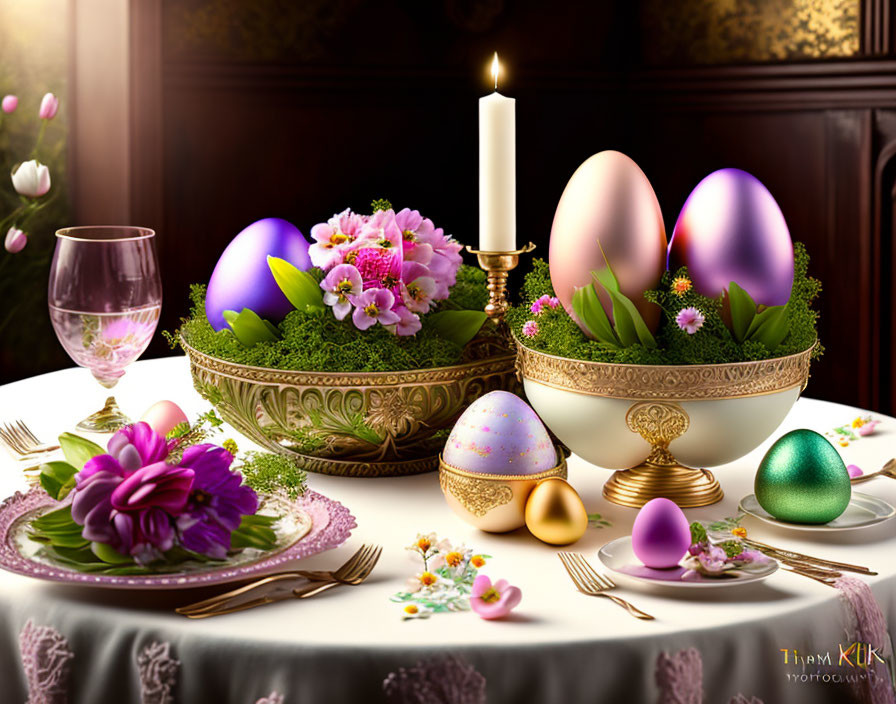 Elegant table setting with ornate eggs, flowers, lit candle, fine china, and decorative Easter