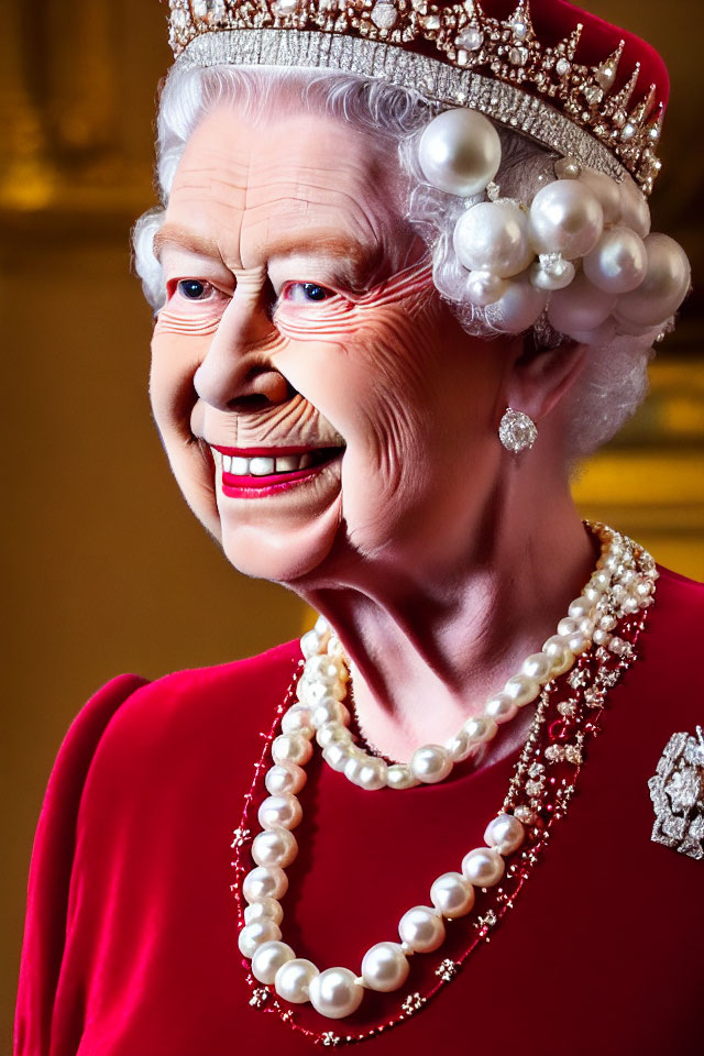 Regal woman in red attire with pearl jewelry and crown