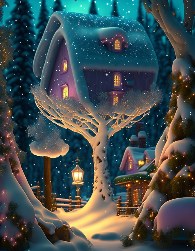 Snow-covered treehouse in a whimsical winter night scene