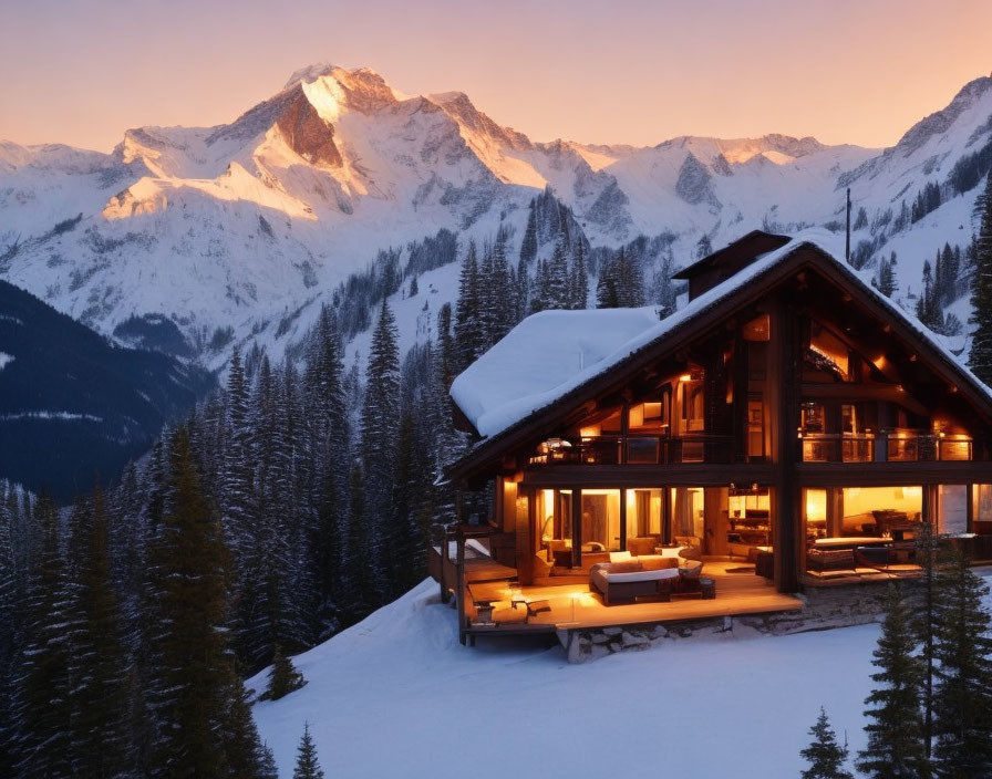 Snow-covered mountain chalet nestled among pine trees at sunset