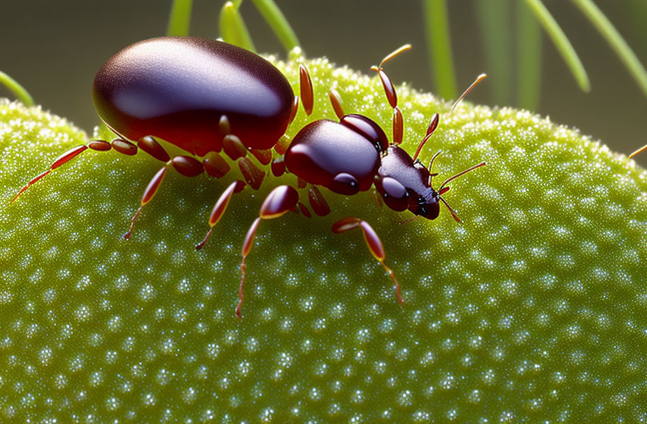 Brown ant exploring green plant surface with shiny exoskeleton.