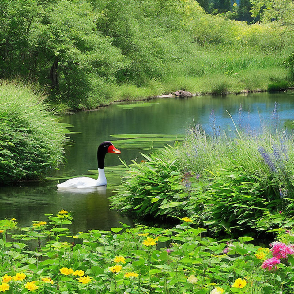 Tranquil pond with lush greenery, vibrant flowers, and a single swan.