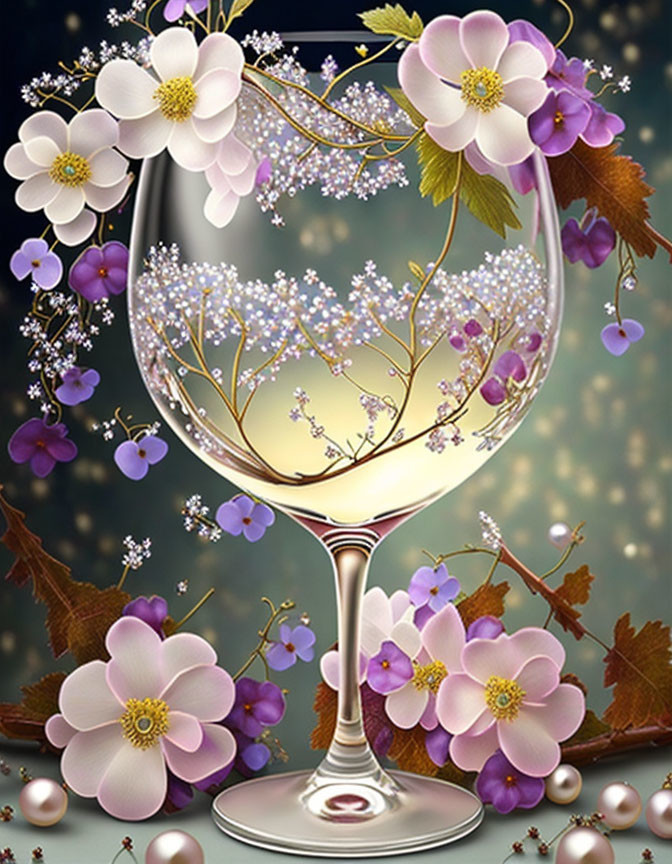 Floral-filled wine glass with pearls and leaves on dark background