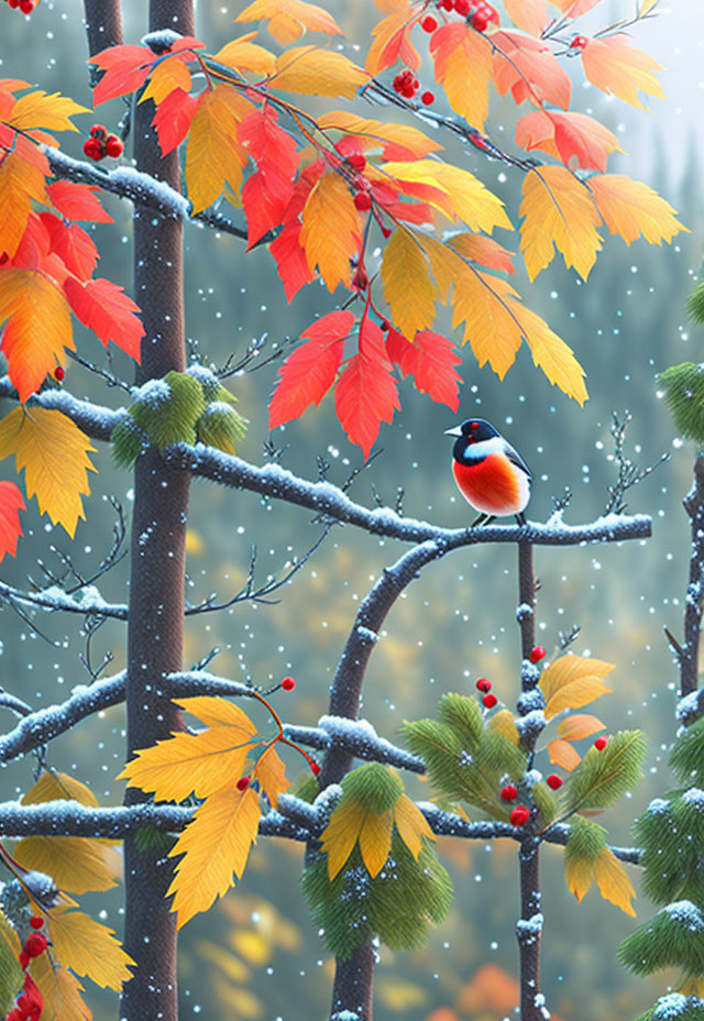 Colorful bird on snow-dusted branch with autumn leaves and red berries