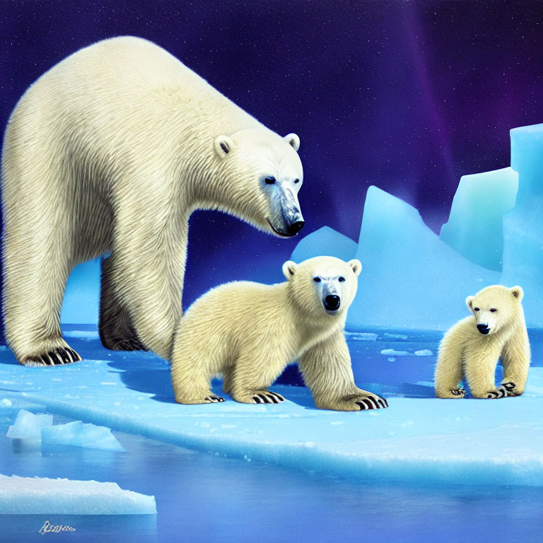 Polar bear family on ice floe under starry sky